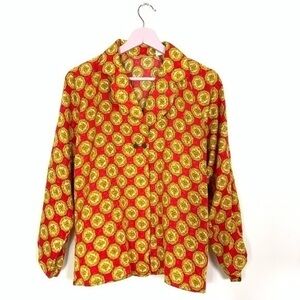 vintage YL by Yair baroque print‎ top button blouse long sleeve gold red
